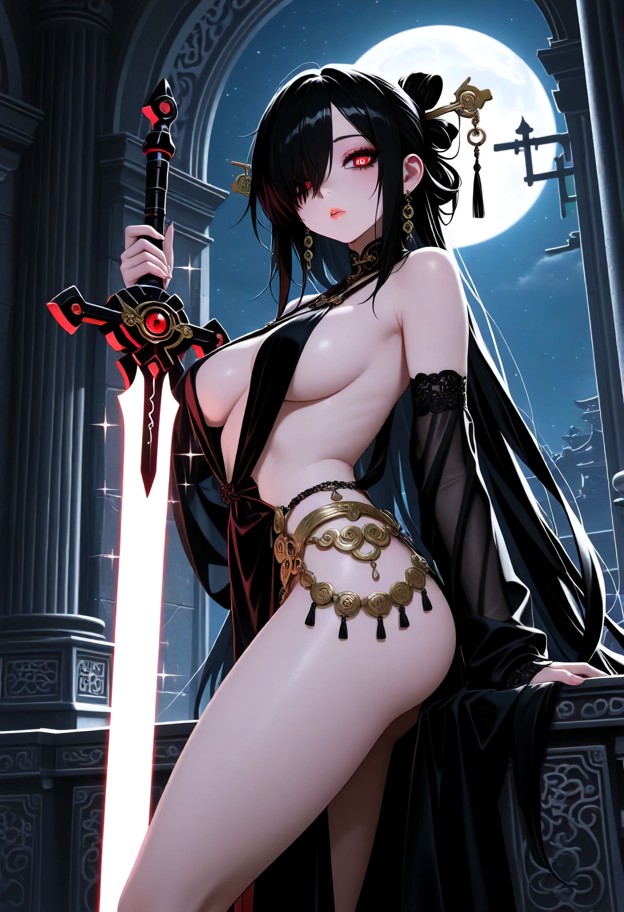 she is stands at the head of the chamber holding a glowing luxurious thin sword decorated with chains,lace_choker,cer…