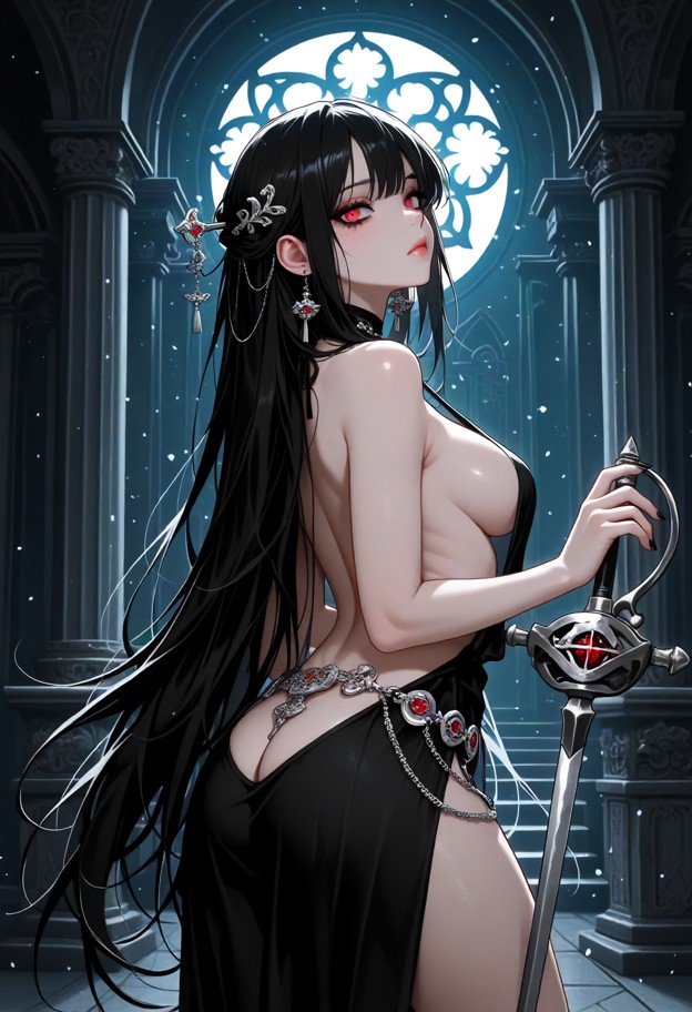 she is stands at the head of the chamber holding a glowing luxurious rapier decorated with chains,lace_choker,ceremon…