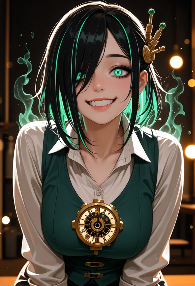 a dramatic close-up of a female steampunk engineer,her face illuminated
 by a sudden,brilliant flash of light. her ex…
