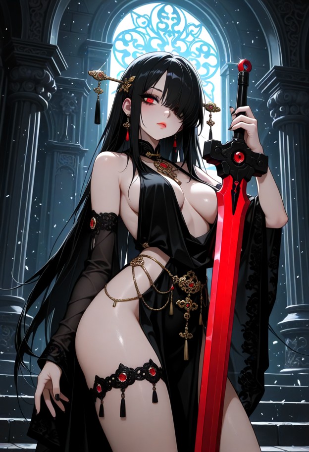 she is stands at the head of the chamber holding a glowing luxurious thin sword decorated with chains,lace_choker,cer…