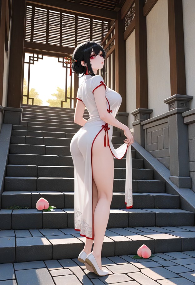 standing,bouncing on her toes,white silk cheongsam,jade hairpin,traditional courtyard,stone pavement,wooden stairs,br…