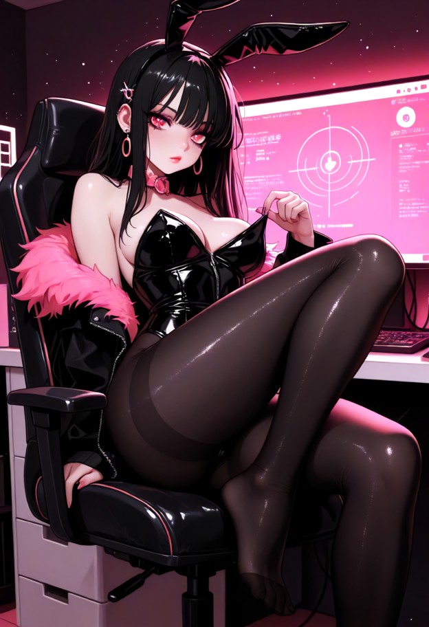 ultra-detailed anime illustration of a seductive adult woman sitting in a desk chair at a late-night computer setup. …