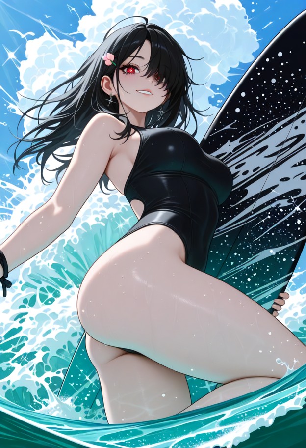 1girl, surfing on a surfboard, massive crashing wave, dynamic action pose, anime style, vibrant colors, detailed ocea…