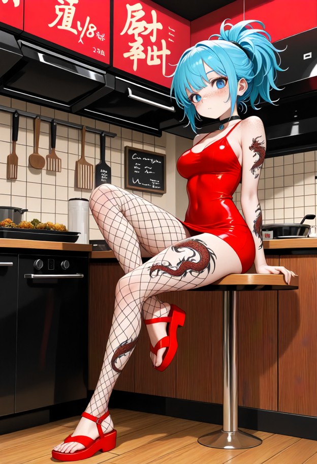 1girl sitting across wooden table,wearing short tight red mini dress,black fishnets,red flat sandals,black choker,cro…