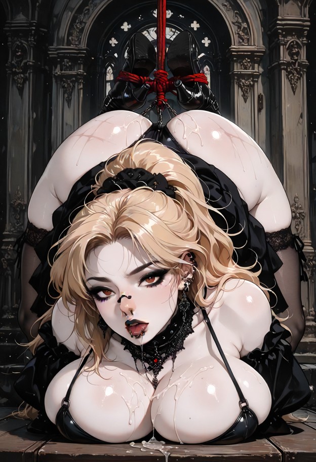 1girl,hogtied,lying on stomach,ass lifted,rope marks,cum_on_body,ahegao,