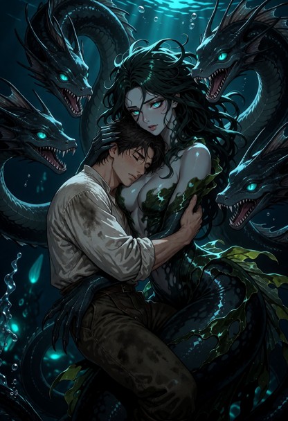 Location: the dark, bioluminescent abyss of the deep ocean.
Position: Scylla swims through the dark, cradling the sle…