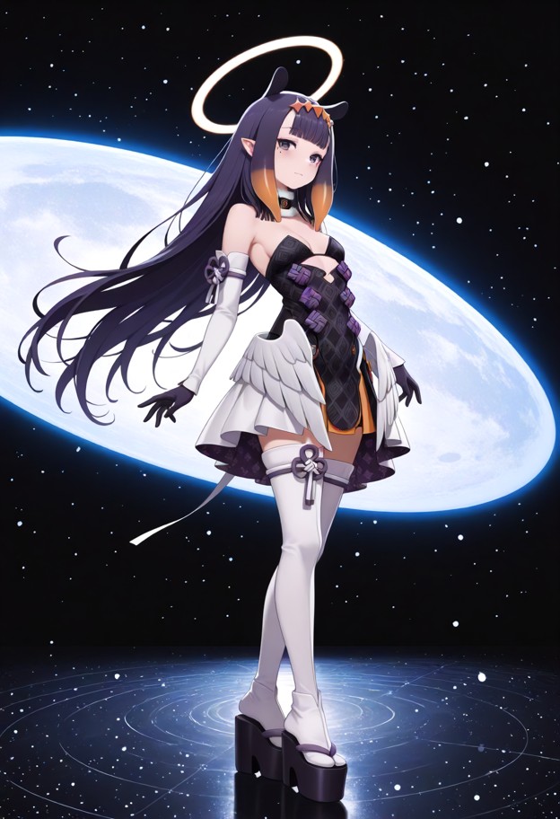 ina stands in a white minimalist space,solo,strapless black silk dress,white thighhighs,black gloves,platform footwea…