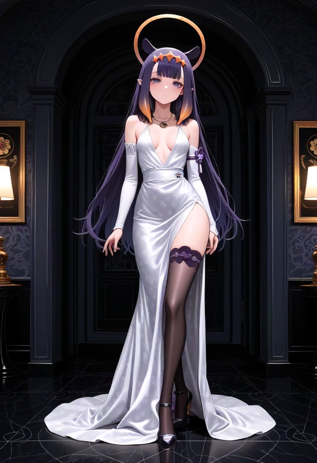 she is is standing in a ballroom,evening dress,slit dress,stockings,stiletto heels,ballroom,luxury interior,full body…