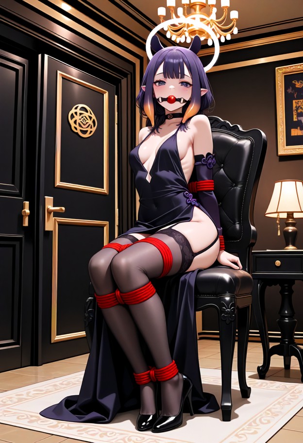 1girl,,breasts,dress,solo,virtual_youtuber,high_heels,thighhighs,black_dress,tail,black_footwear,indoors,full_body,ch…