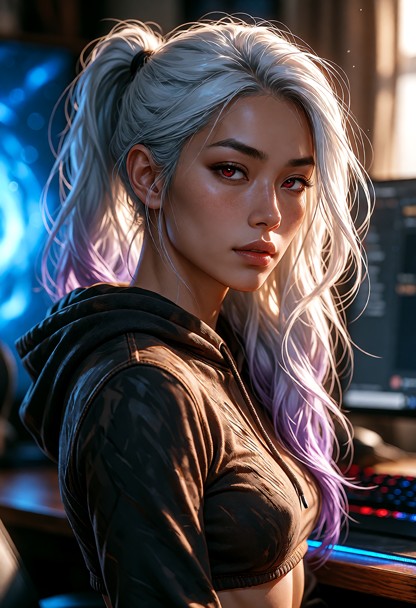 A cinematic, ultra-detailed picture of a striking woman in her late 20s with luminous, cascading hair that catches th…