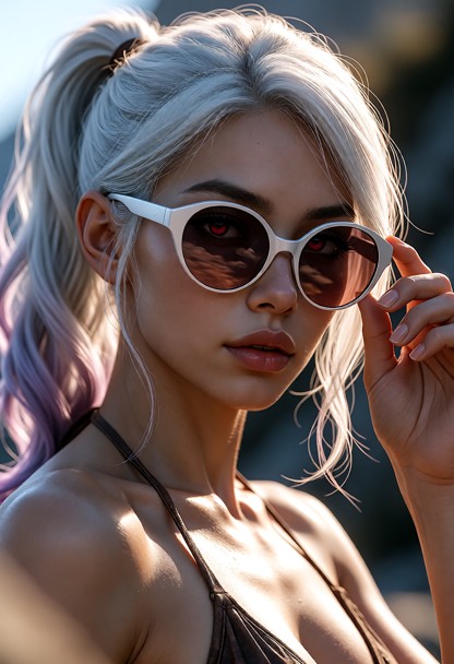 An extreme photorealistic fine art portrait, raw photography style. Outdoors sky lips white-framed eyewear sunglasses…