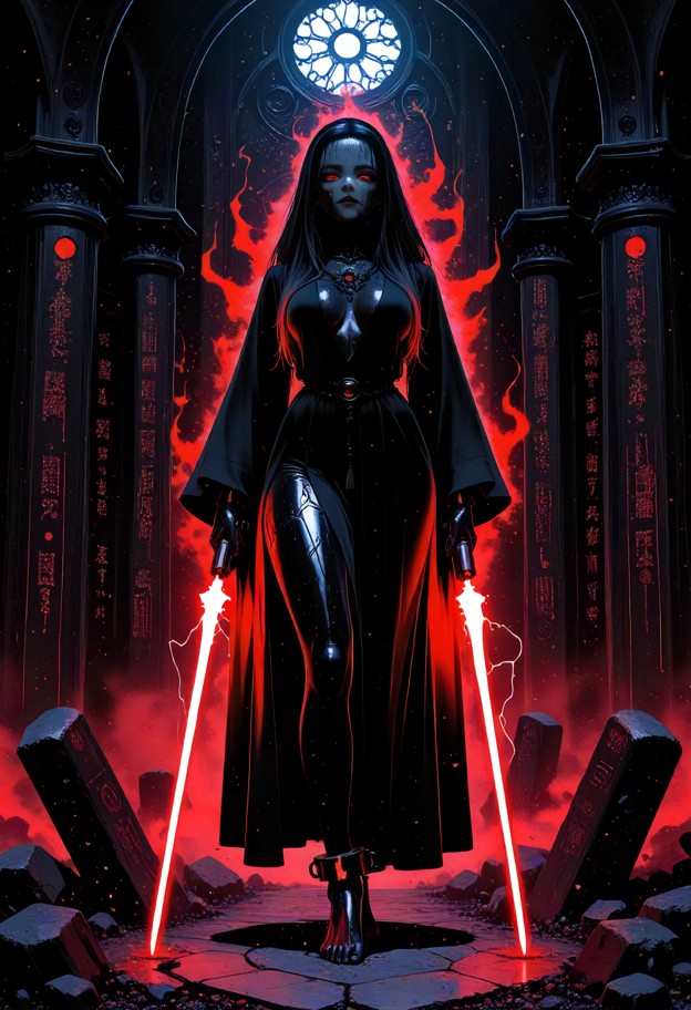 a cinematic,wide-angle shot of a powerful female sith lord in a moment of absolute rage. she is standing in the cente…