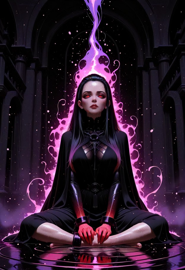 a cinematic medium shot of a powerful female sith lord performing a dark side battle meditation. she is levitating a …