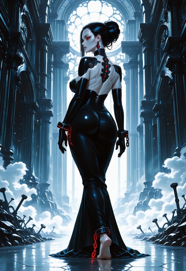 cinematic wide shot from behind a female organist in an elegant long dark gothic dress. the organ is a monumental mas…