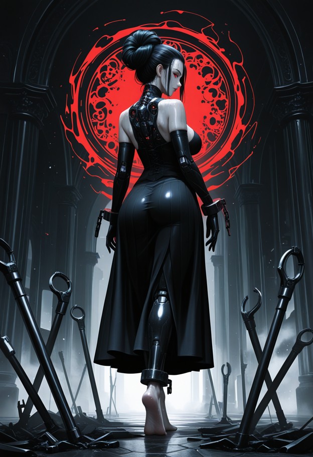 cinematic wide shot from behind a female organist in an elegant long dark gothic dress. the organ is a monumental mas…