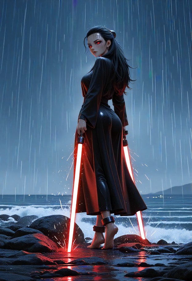 a breathtaking cinematic wide shot of an epic lightsaber duel between a female sith and a female jedi during a violen…