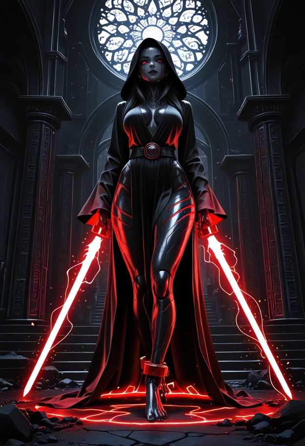 a cinematic,wide-angle shot of a powerful female sith lord in a moment of absolute rage. she is standing in the cente…