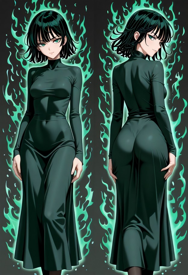 anime style,fubuki one punch man,small slim petite athletic adult female,long dark green wavy hair green eyes fair sk…