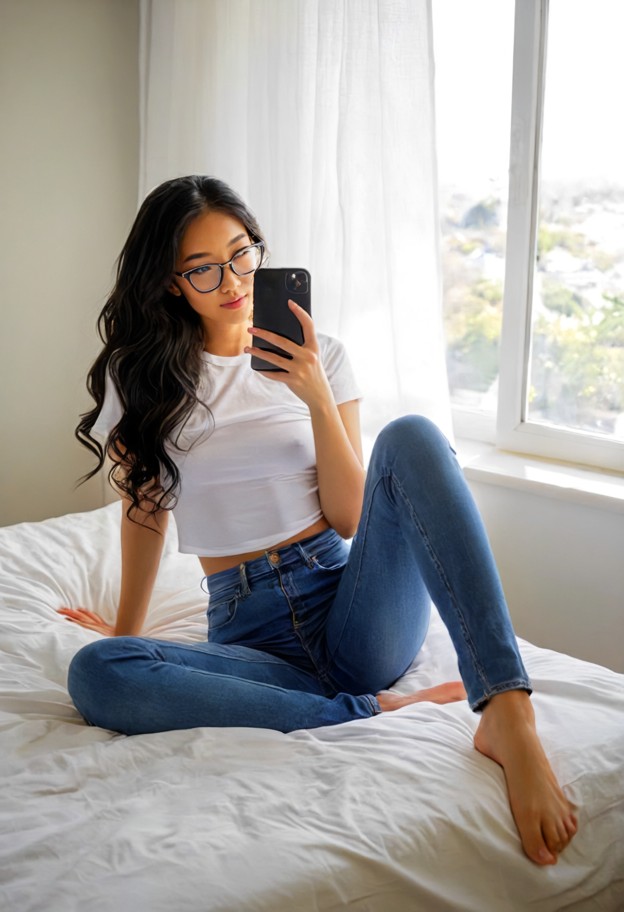 she is sitting on the edge of a bed looking at her phone,blue denim jeans,white cotton tee,glasses,bedroom,white shee…