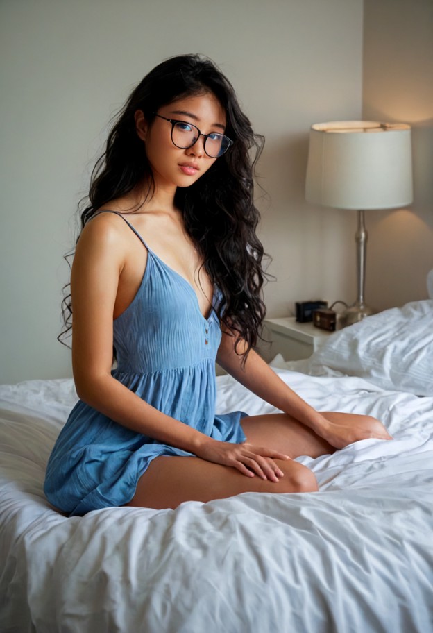 she is sitting on bed,blue cotton sundress,glasses,bedroom,messy white sheets,bedside lamp,looking at viewer,medium s…