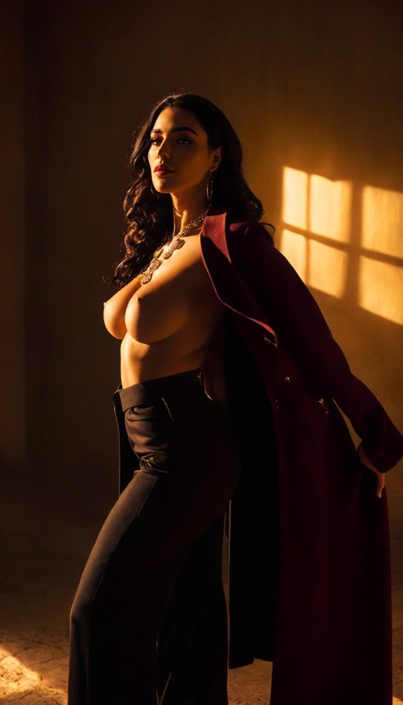 [character description],wearing a sophisticated black and burgundy formal outfit,tailored long coat,high-neck top,ref…