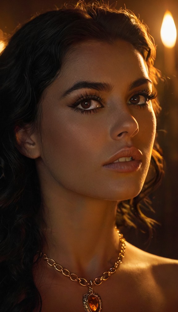 [character description],powerful cinematic close-up,fiery intense gaze,eyes glowing with determination and inner fire…