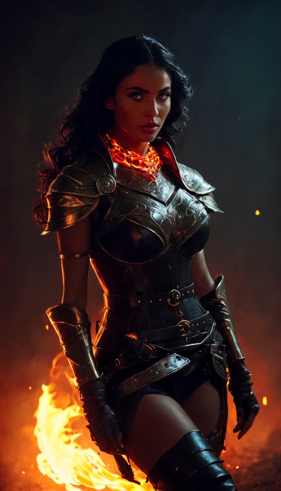[character description],wearing a stylish fantasy combat outfit,layered dark fitted clothing,asymmetrical armored sho…