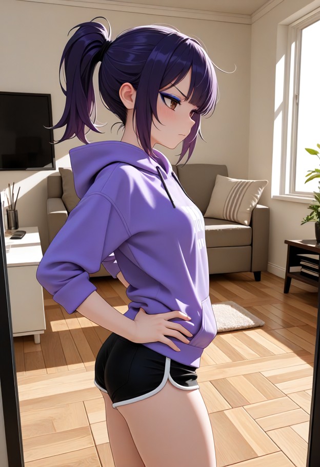 purple-haired female,black shorts,oversized purple hoodie,sleeves rolled up,standing with hands on hips,annoyed expre…