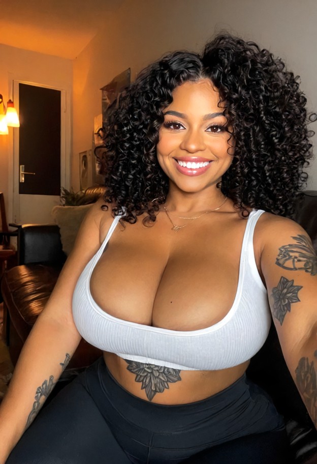 she is sitting on a couch and smiling at viewer,tank top,cropped leggings,dimly lit apartment corner,cozy atmosphere,…