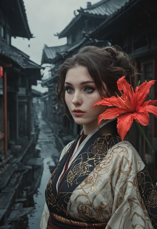 high-end
((anime style inspired by mononoke)),silent hill f aesthetic,extreme 
close-up on a girl's face,her expressi…