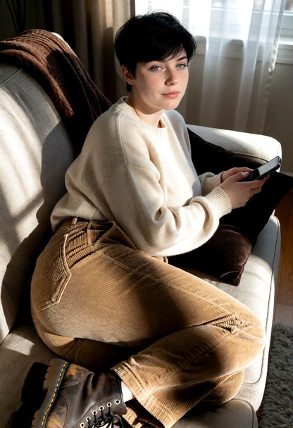 Location: cozy living room during the afternoon with soft light filtering through the window, casting gentle shadows …
