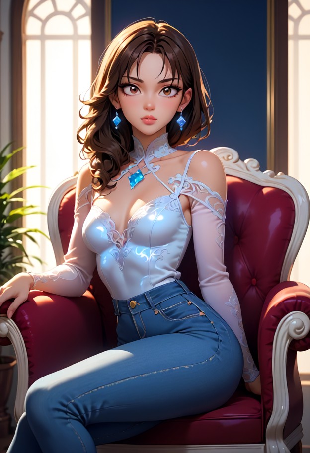 she is leaning back in a velvet chair with legs crossed,blue denim jeans,white silk blouse,private lounge,plush velve…