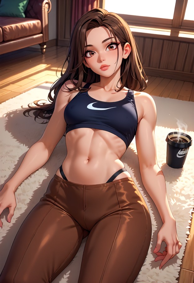 lying flat on her back on rug,she is wearing,black nike silky lycra crop top pulled up over her tits,black nike silky…