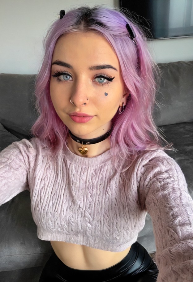 she is sitting on a grey fabric couch,oversized white cotton sweater,black leggings,dim living room,soft ambient ligh…