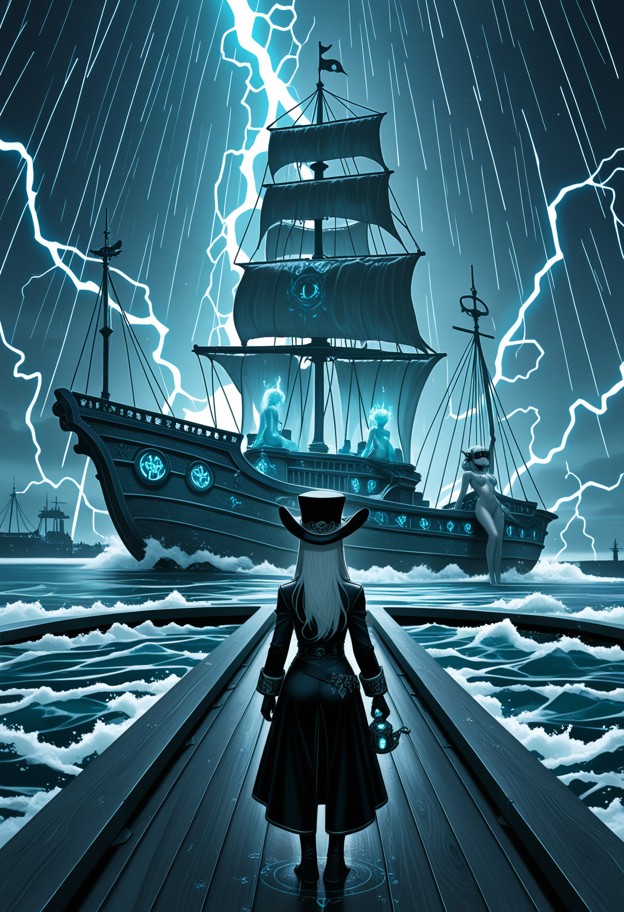 (vertical
 composition:1.3),dark maritime fantasy,(haunted pirate ship 
deck:1.8),long weathered wooden table made of…