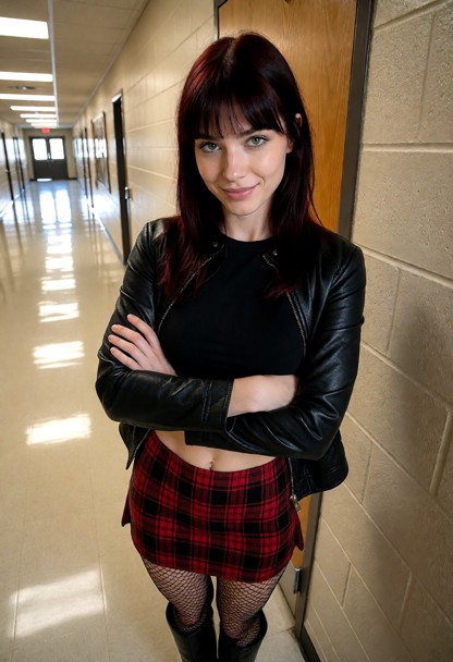 Location: a brightly lit school hallway with polished linoleum floors reflecting the overhead fluorescent lights and …