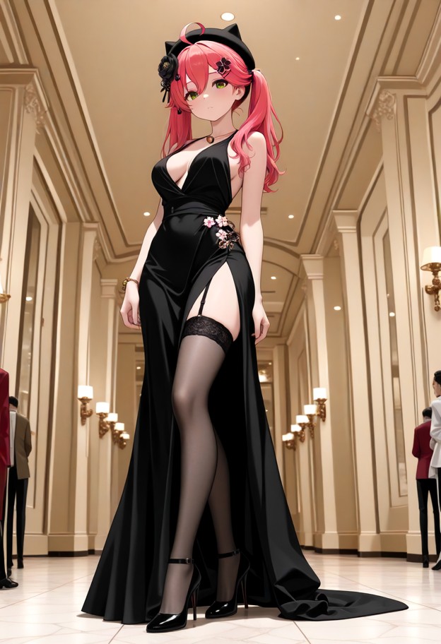 she is standing in an evening dress,evening dress,slit dress,stockings,stiletto heels,ballroom,full body,low angle,el…
