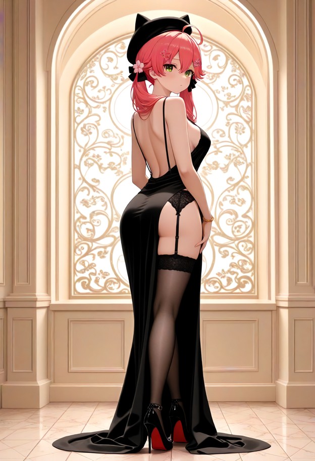 she is standing in a formal pose,evening dress,slit dress,garter belt,stockings,stiletto heels,luxury ballroom,full b…