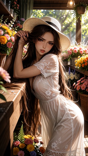 Location: a warm and inviting flower shop filled with overflowing baskets of colorful blooms, where bright afternoon …