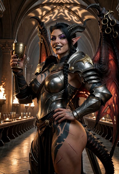 Location: a grand, torch-lit palace great hall with stone pillars, long banquet tables, and flickering orange flames …