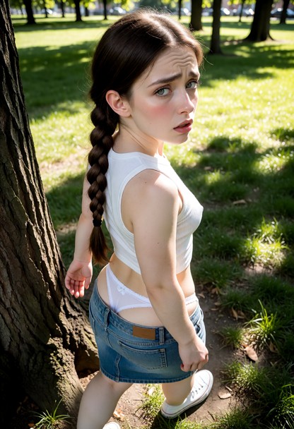 Location: a sunlit urban park during the afternoon, with lush green grass and scattered shadows from nearby trees; br…