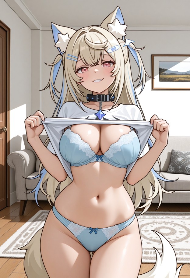 1girl,solo,standing,oversized white shirt,lifing up shirt,flashing you,light blue underwear,simple bra,simple panties…