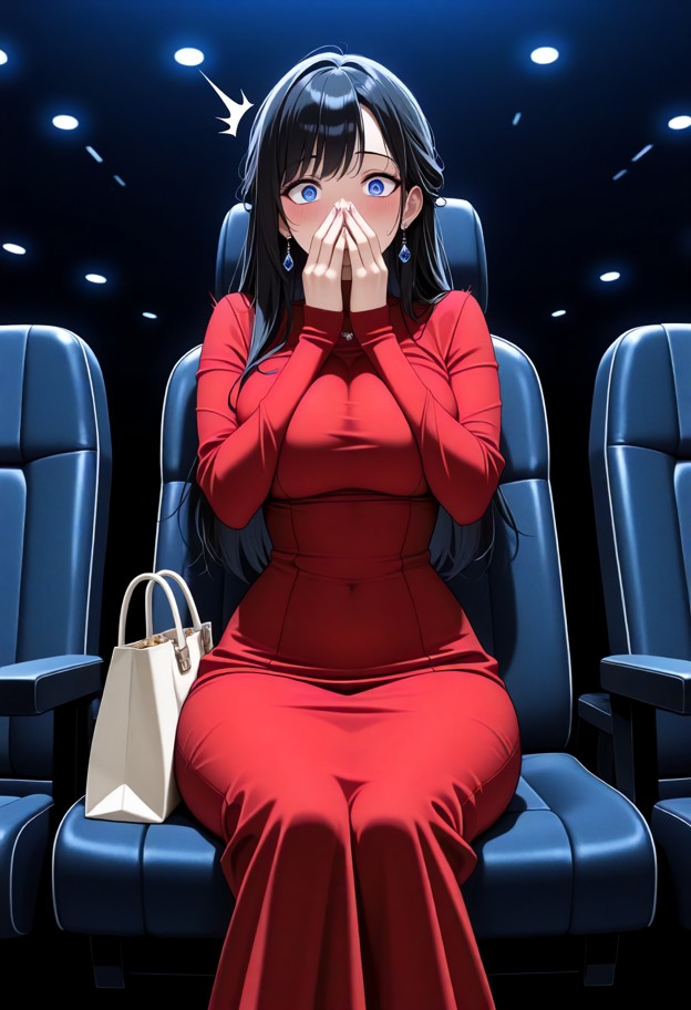 1girl,cinema,cinema seats,popcornon bag her lap,hands covering mouth,surprised,concerned,smal iris,red dress,blushing…