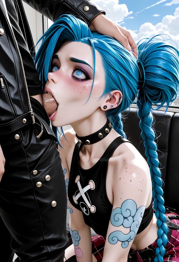 1girl,1guy,penis,deepthroat,face grabbing,one hand on head,mouth full,punk outfit,leather jacket,plaid skirt,studs,ey…