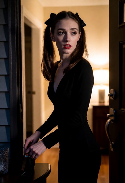 Location: evening at the entrance of a cozy home with warm light spilling from the hallway into the doorway; the soft…