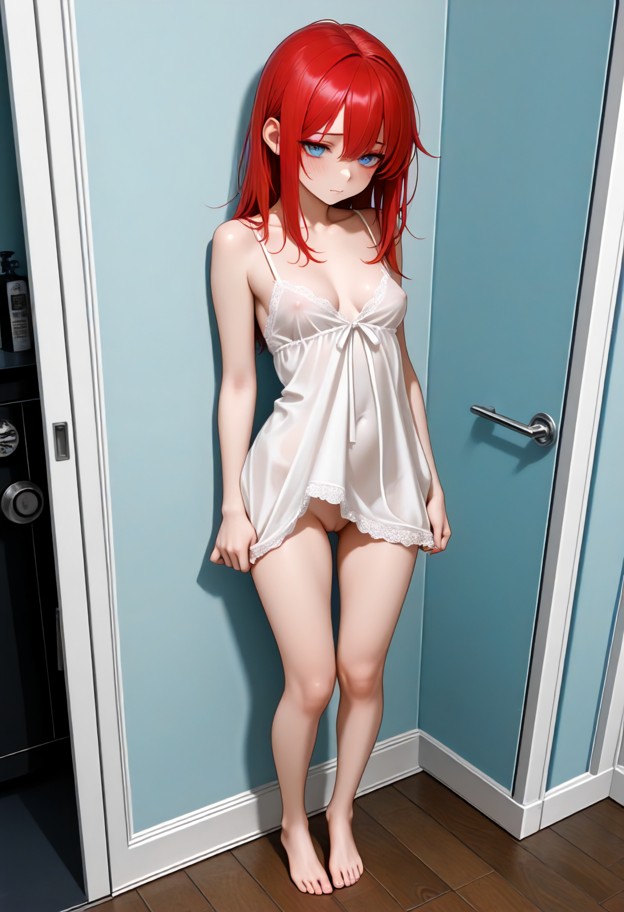 1girl standing,bedroom,light blue walls,dark wooden floor,white nightgown,frontal view,shy expression,solo,boobs,stan…