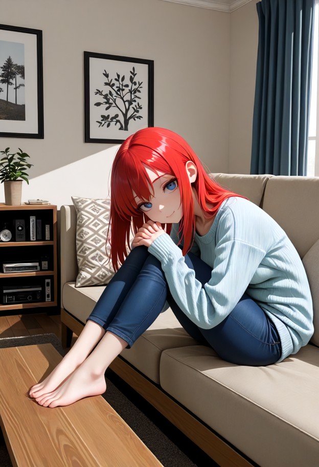 1girl,sitting on couch,light blue sweater,dark blue jeans,bare feet,clasped hands,elbows on knees,leaning forward,coz…