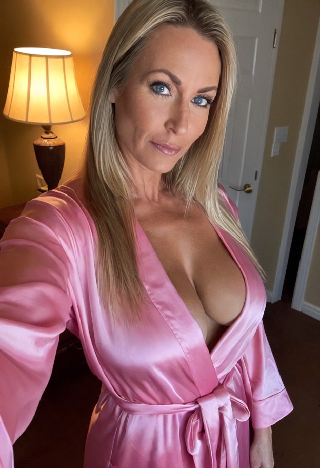 kristy is standing in the doorway,pink silk robe,dark wool coat,dimly lit living room,amber lamp light,medium shot,so…