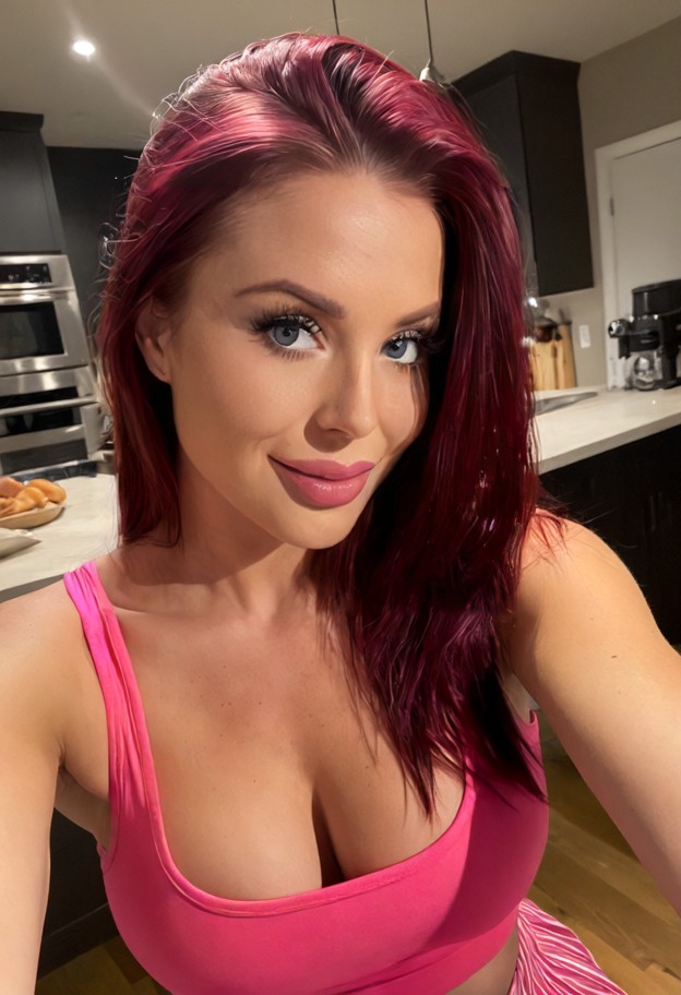 she is is smiling and leaning her head on shoulder,pink tank top,short skirt,kitchen at night,wooden dining table,dim…