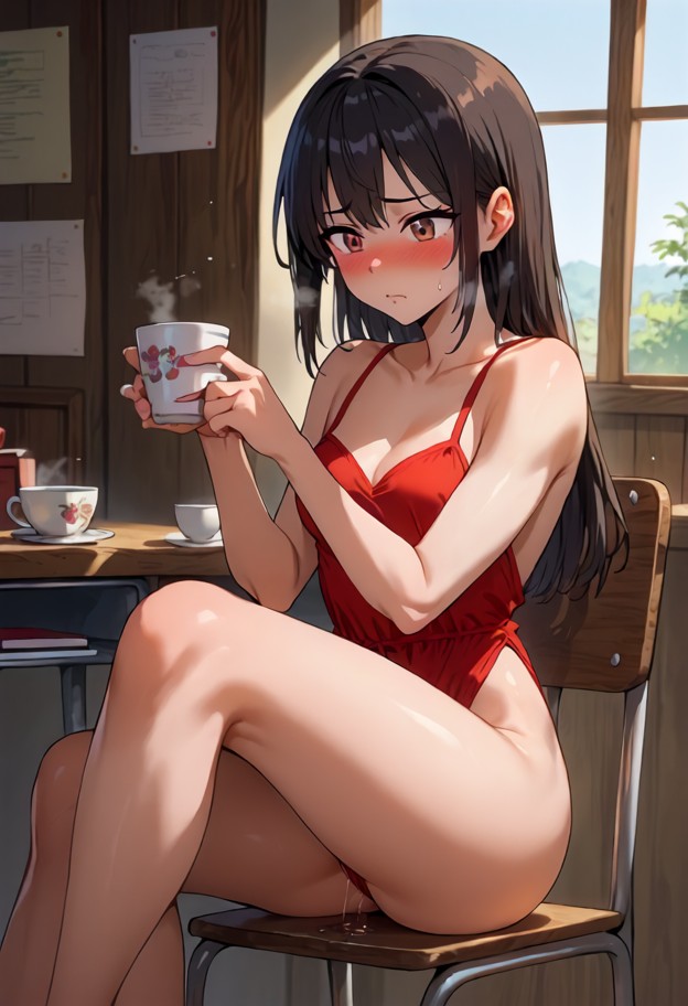 output tags:
1girl naked,brown wooden chair,sits with her legs spread,wiping pussy juice from her fingers,bright red …